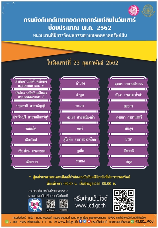 ﻿ กรมบังคับคดีจัดการขายทอดตลาดทรัพย์สินทุกวันเสาร์ สำหรับเดือนกุมภาพันธ์ 2562